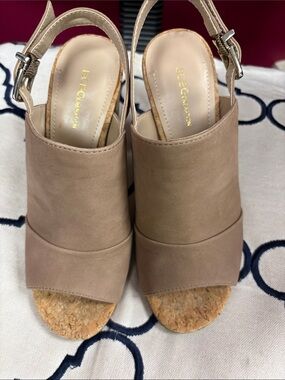 BCBGeneration Taupe Open-Toe Cork Wedge Slingbacks